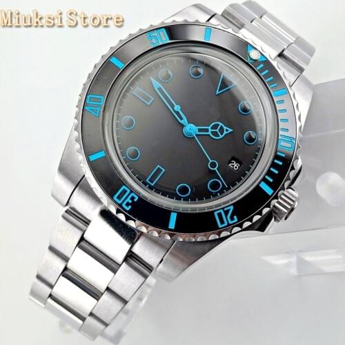 Bliger 40mm mens top business watch silver case domed crystal black sterile dial date ceramic bezel automatic mens watch