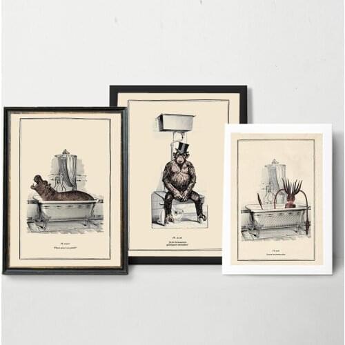 Vintage Chimp Hippo Squid Print Funny Toilet Wall Art Poster Retro Gothic Steampunk Bathroom Wall Pictures Canvas Painting Decor