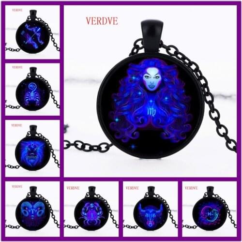 VERDVE New 12 Constellation Horoscope Statement Necklace and Pendant Necklace Necklace Male Female Black Color Necklace Series