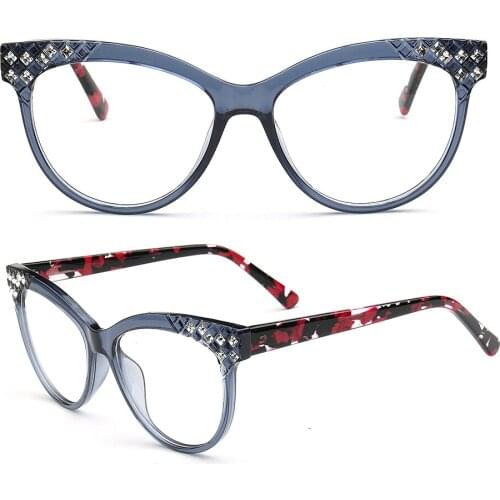 Womens Hand Made Eyeglass Frames for Women Cat Eye Glasses Frames Fashion Light Acetate Retro Round Eyeglasses Frames Ruby Blue
