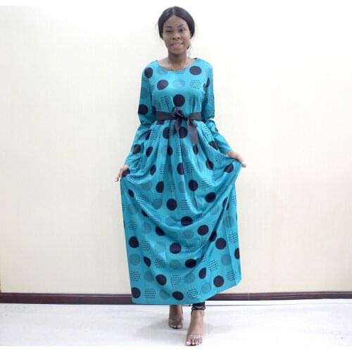 African O-Neck Green Slim Elegant Zipper Long Sleeve Black Dots Printed Lady Dresses For Party