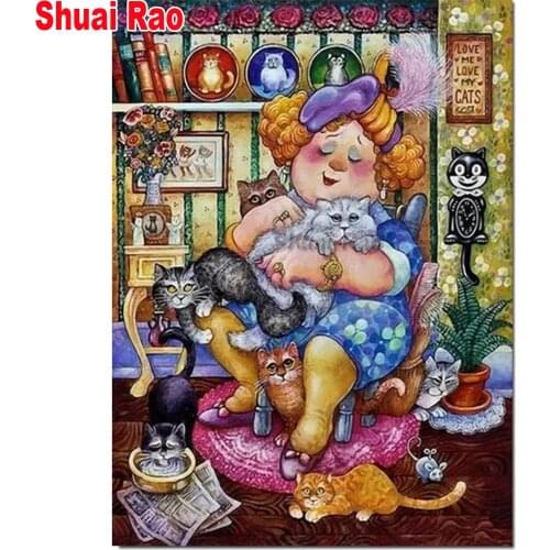 Full square/round drill diamond mosaic cartoon fat lady and cats 5 d drill diy diamond embroidery woman & animals diamond paint