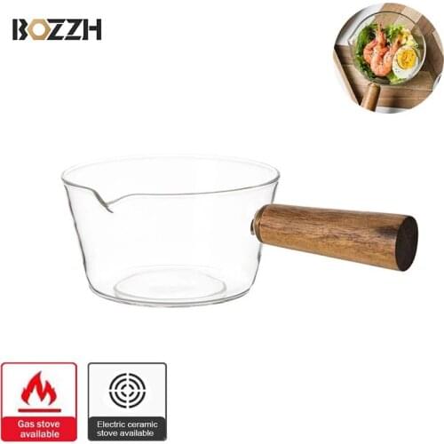 BOZZH 600ML Transparent Glass Pot With Wooden Handle Heating Milk Soup Porridge Pot Non-stick Saucepan For Kitchen