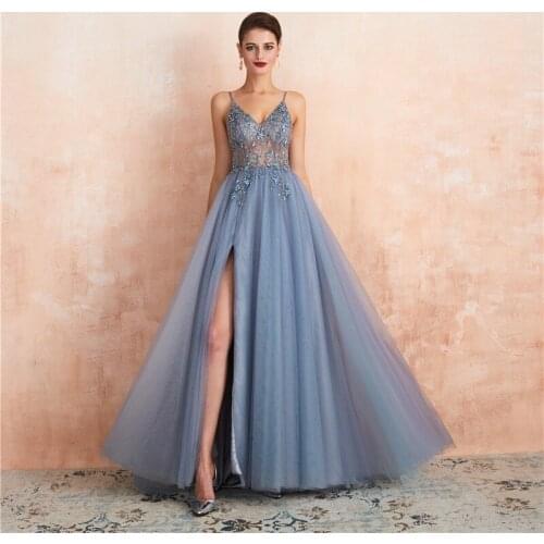 Luxury Tulle Spaghetti Beading Crystal Staps Split Side Backless Prom Party Dresses Long Evening dresses long Abendkleider