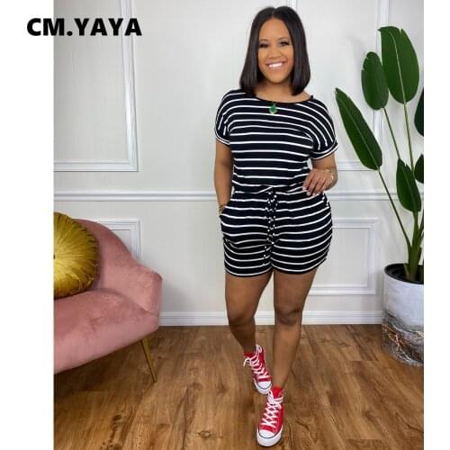 CM.YAYA Women Striped High Waist Elastic Short Sleeve Playsuit Casual Acitve O-neck Romper Overalls