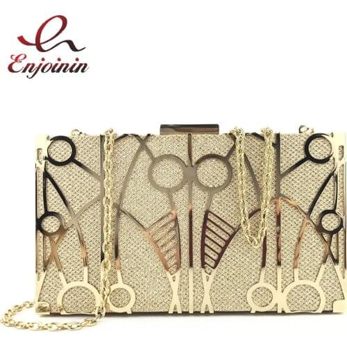 Metallic Fashion Party Clutch for Women Luxury Designer Gold Purses and Handbags Geometric Pattern Chain Shoulder Bag Wedding