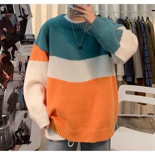 Sweater Men Hip Hop Autumn Winter Spandex Oversize Couple Warm Korean Version Stitching Male Tops Vintage Knittwear Sweaters
