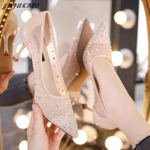 Luxury Rhinestones Mesh Pointed Pumps 2020 New Designer Girl Nude Thin High Heels Ladies Elegant Party Bridesmaid Wedding Shoes