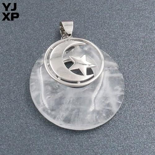 YJXP Silver Plated Round Hollow Natural Rock Crystal with Star Pendant Half Moon Vintage Jewelry