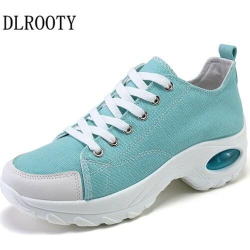 Women Canvas Shoes Flat Casual Height Increasing Air Cushion Fashion Lace Up Platform Female Sneakers Plus Size 35-42