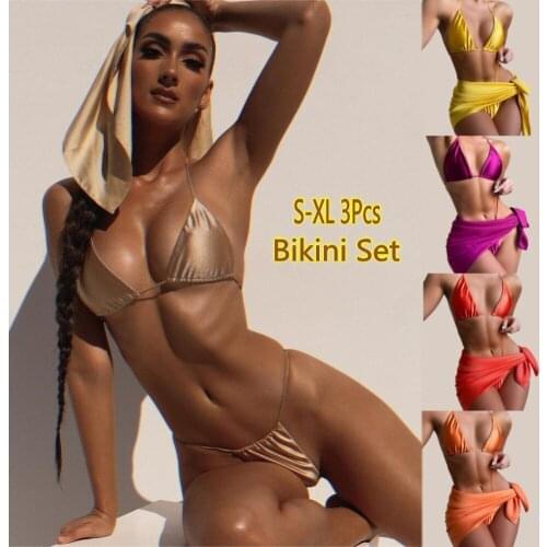 Womens 3 Piece Swimsuits Micro Bikini with Wrap Skirt Sexy Triangle Top G-String Thong Bathing Suit Swimwear