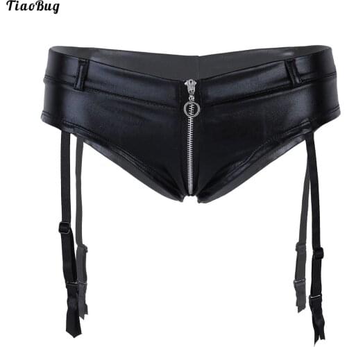 TiaoBug Women Black Lingerie Faux Leather Zipper Crotch Low Rise Briefs Underwear Panties With Garters