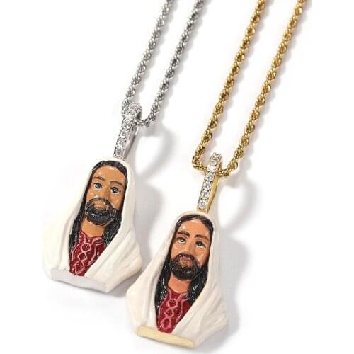 Hiphop Pave Cubic Zirconia Enamel Jesus Pendant Necklace for Women Fashion Personality Rock Twist Chain Necklace Jewelry Gift