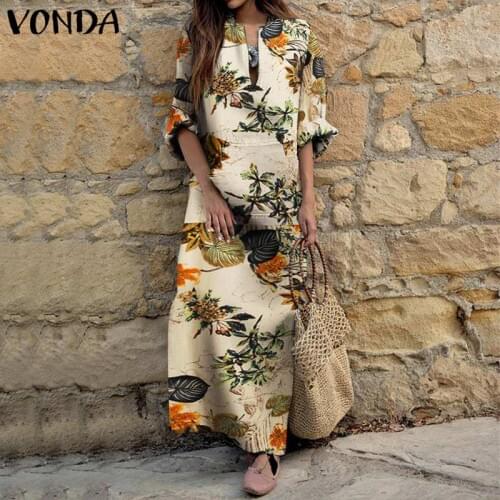 S- Female Cotton Linen Dress Vintage Floral Maxi Dress Womens Autumn Sundress 2021 VONDA Casual Long Sleeve Printed Vestidos