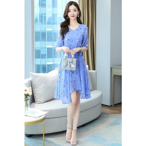 2021 Korea Chic Elegant Temperament Star print V-Neck Waist Slimming Puff Sleeve Dress Long Skirt Female