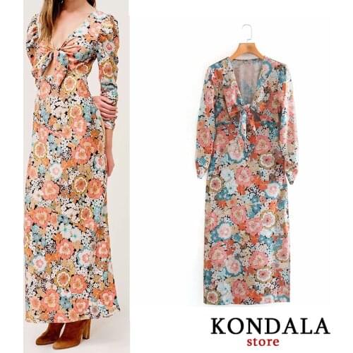 KONDALA Women Dress Za Vintage Floarl Print Straight Bow Dress Long Sleeve Deep V-Neck Sexy Party Dress Female Mid-Calf Vestidos