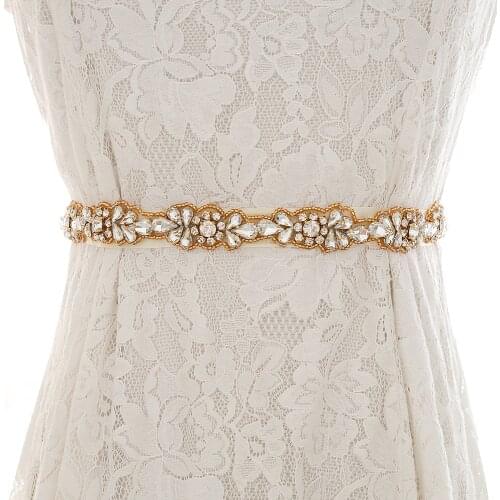 SESTHFAR Gold Bridal Belt Crystal Wedding Dress Belt Thin Rhinestones Wedding Dress Sash For Bridal Accessories