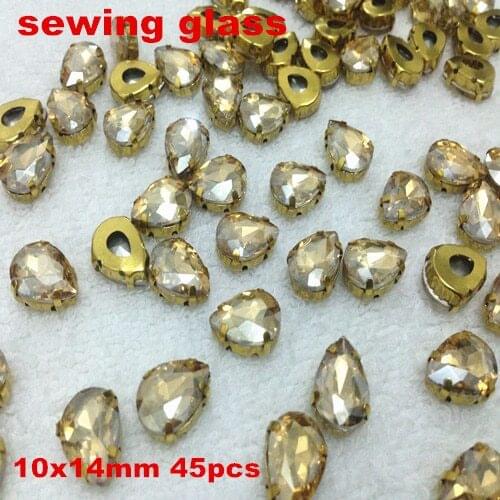 45pcs/lot Gold Champagne Color 10x14mm Pear Shape Crystal Fancy Stone with Gold Color Claw Setting Sew On Rhinestones / Beads