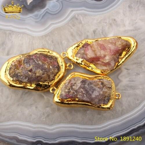 5pcs Natural Pink Tourmaline Stone Slab Beads Pendant Jewelry,Plated Gold Bails Stone Beads Slice Charms For DIY Jewelry Making