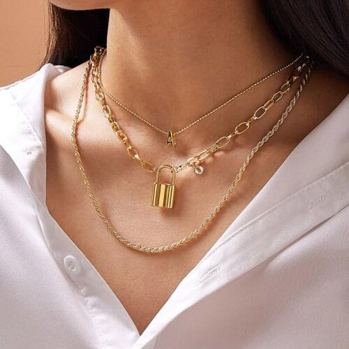 HuaTang Punk Gold Lock Initial Letter Pendant Necklace for Women Multilayer Guba Twist Chains Female Party Jewelry on the Neck