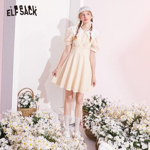 ELFSACK Solid Pure Contrast Lace Casual Vintage Dresses Women,2021 Spring ELF Puff Sleeve High Waist Ladies Holiday Party Dress