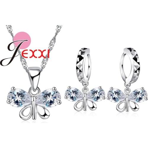 Romantic Wedding Jewelry Sets 925 Sterling Silver CrystalButterfly Pendant Necklace Drop Brincos Earrings Set