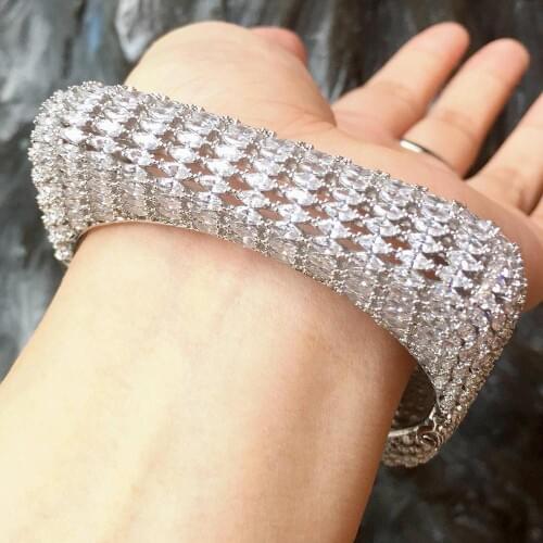 ModemAngel Shiny Full Zircon Flowers AAA Cubic Zirconia Copper Party Saudi Arabic Dubai Bangle Ring Set Wedding