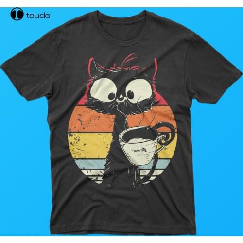 New Cute Coffee Cat, Funny Vintage Cat, Black Cat, Retro Cat T-Shirt Tee Shirt S-5Xl