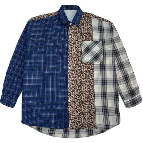 New Autumn Long-Sleeved Shirt Retro Three-Color Plaid Leopard Pattern Stitching Street Loose Blouse Hip-Hop Men and Women Top