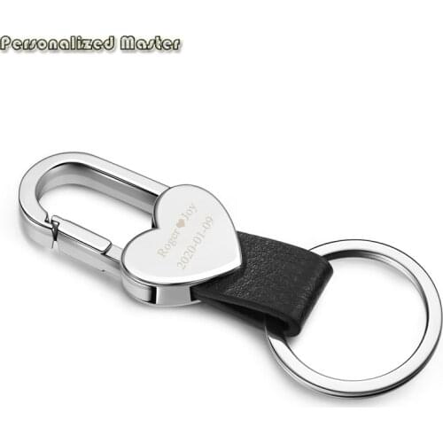 Personalized Master Customized Key Chain Text Words Letters Alloy Heart PU Leather Keychain with Heart Hook Snap Keyring for Men
