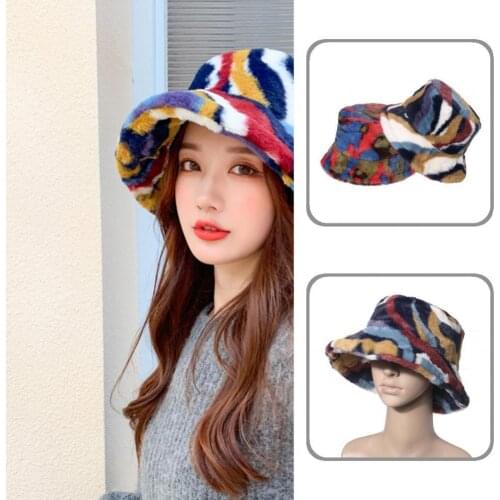 Attractive Couple Hat All Match Plush Soft Irregular Colored Stripe Print Plush Hat