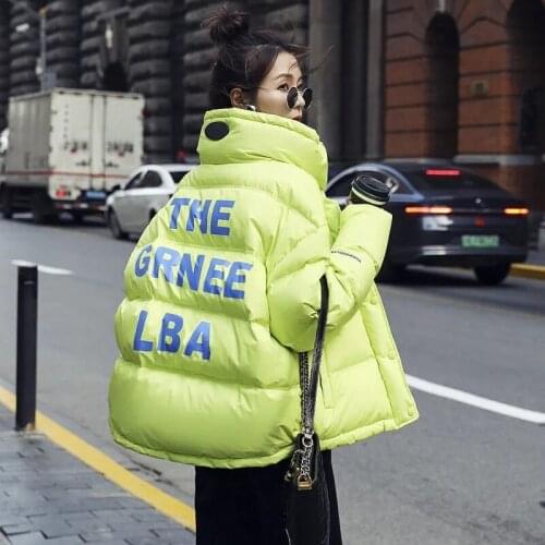 Casual Oversize Winter Down Jacket Women Stand Collar Thick Teen Gril Female White Duck Down Coat Loose Letters Print Warm Parka