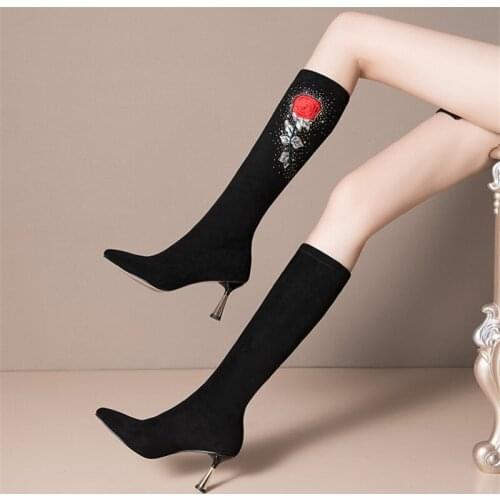 PXELENA Designer Crystal Flower Kid Suede Mid Calf Boots Women 2020 Winter Autumn Stretch Party Dress Date Office Lady Shoes TPR