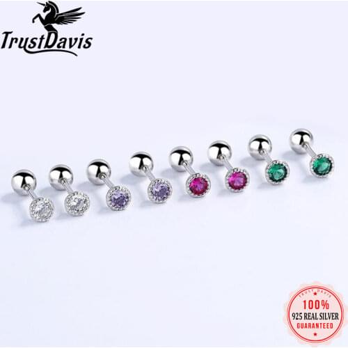 TrustDavis Real 925 Sterling Silver Round Colour CZ Screw Stud Earrings For Women Children Baby Girls Minimalist Jewelry DB1426