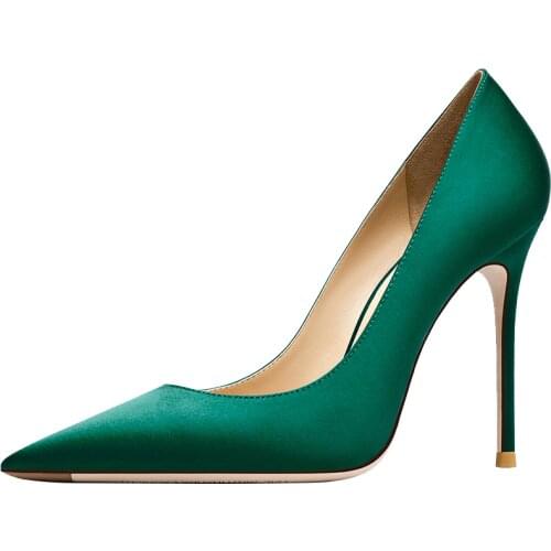 Green Quality Silk Satin Women Sexy Pumps Women Autumn Shoes Spring Thin Heel Stilettos Party French Ladies High Heeled Shoes