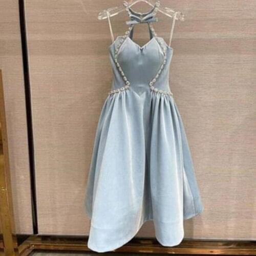 Heavy industry diamond halter halter neck party dress women 2021 spring and summer new ladies elegant slim waist bow velvet dres
