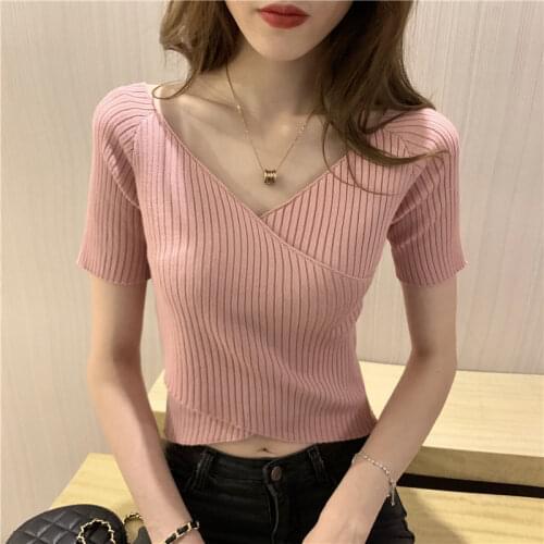 Cropped V Neck Knitted Jacket Short Sleeve Girl Fashion Tops Slim Short Sweater Women Summer Clothing T-Shirt
