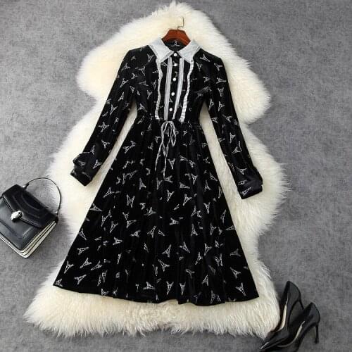 European and American womens wear 2020 winter new style Long sleeve lapel letter ironing drill Fashionable black velvet dress