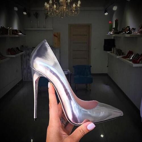 Moraima Snc Sexy Pointed Toe High Heel Shoes Woman Silver Leather Shallow Stiletto Heels Super High Party Dress Shoes