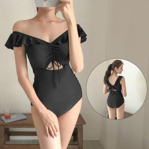 2021 Sexy Backless One Piece Swimsuit Women Padded Swimwear Ruffle Solid Bikini Beach Bathing Suit Female Monokini Swim Wear
