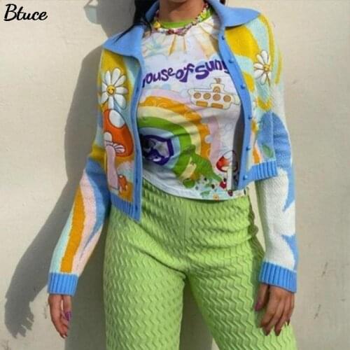 100% Cotton House Of Grass Women Long Sleeve Oil Paint Cardigan Sweater Female Autumn Single Breasted Lapel Knitted Outwear 2021