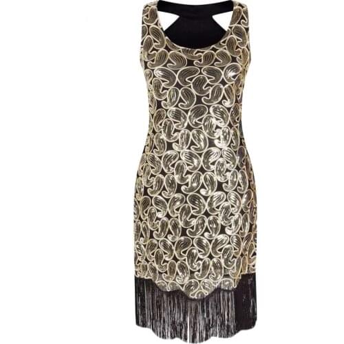Womens 1920s Sequin Paisley Pattern Sleeveless Flapper Black Gold Dress Sexy Fringe Great Gatsby Party Dress