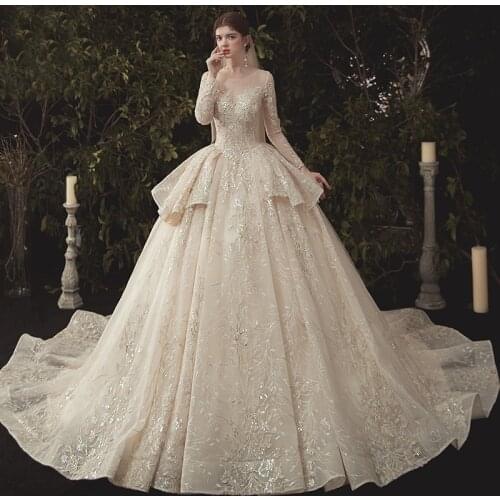 Sequins Champagne Wedding Dress O-Neck Full Sleeves Simple Luxurious Runched Ball Gown Lace up Long New Women Bride Dresses B018