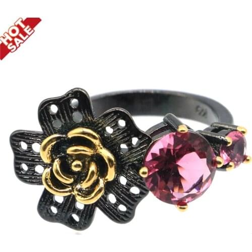26x15mm Neo-Gothic Created Pink Tourmaline Pink Kunzite For Sister Cool Black Metal Silver Rings Eye Catching