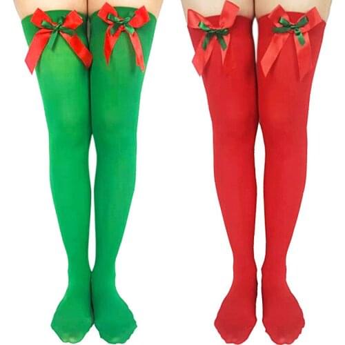 7 Colors Women Striped Thigh High Stockings Over Knee Socks Winter Warm Long Socks Compression Stocking Bowknot Christmas Socks