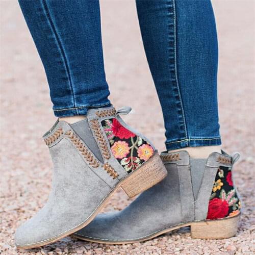 Women Autumn Classic Elastic Band Embroidery Ankle Boots Ladies Slip On Womens Thick Heels Woman Casual Warm Shoes Comfort dc4