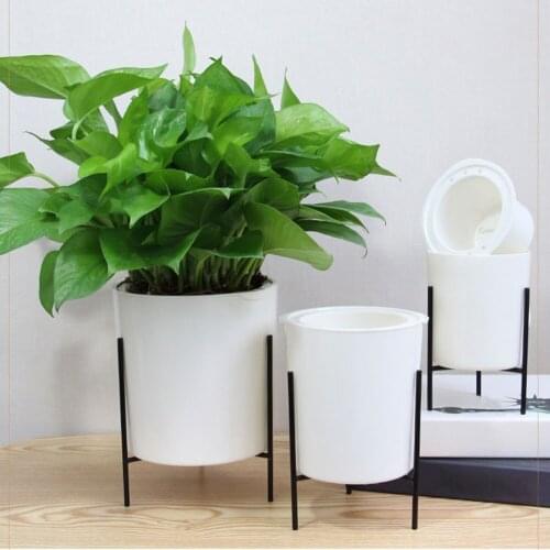Home Green Planter Simple Flowerpot Set Living Room Nordic Style Garden Indoor Decorative With Iron Stand Self Watering Vase