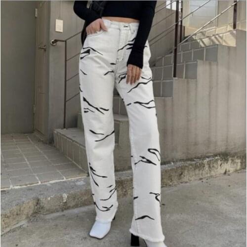 2021 Ladies Summer Contrast Straight Leg Jeans Adult Zebra Stripe Printed High Belt Pocket Belt Loop Straight Leg Pants S M L
