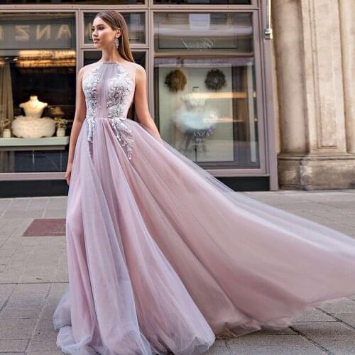 Elegant Lilac A Line Evening Dresses High Neck Sleeveless Applique Tulle Formal Gown Robes De Caftan Abaya Dubai 2021