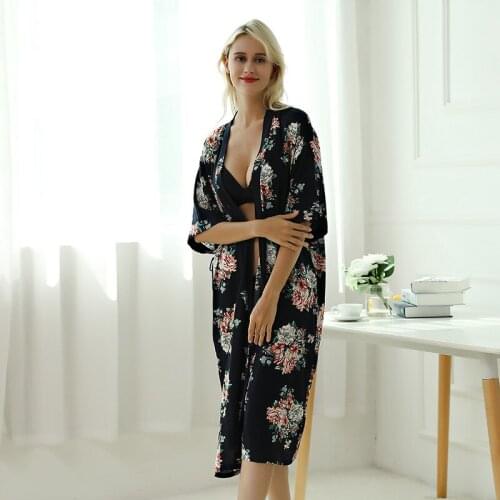 Black Women Robe Bathrobe Nightgown Wedding Bride Robe Cotton Dressing Gown Sexy Short Sleepwear Casual Floral Print Kimono